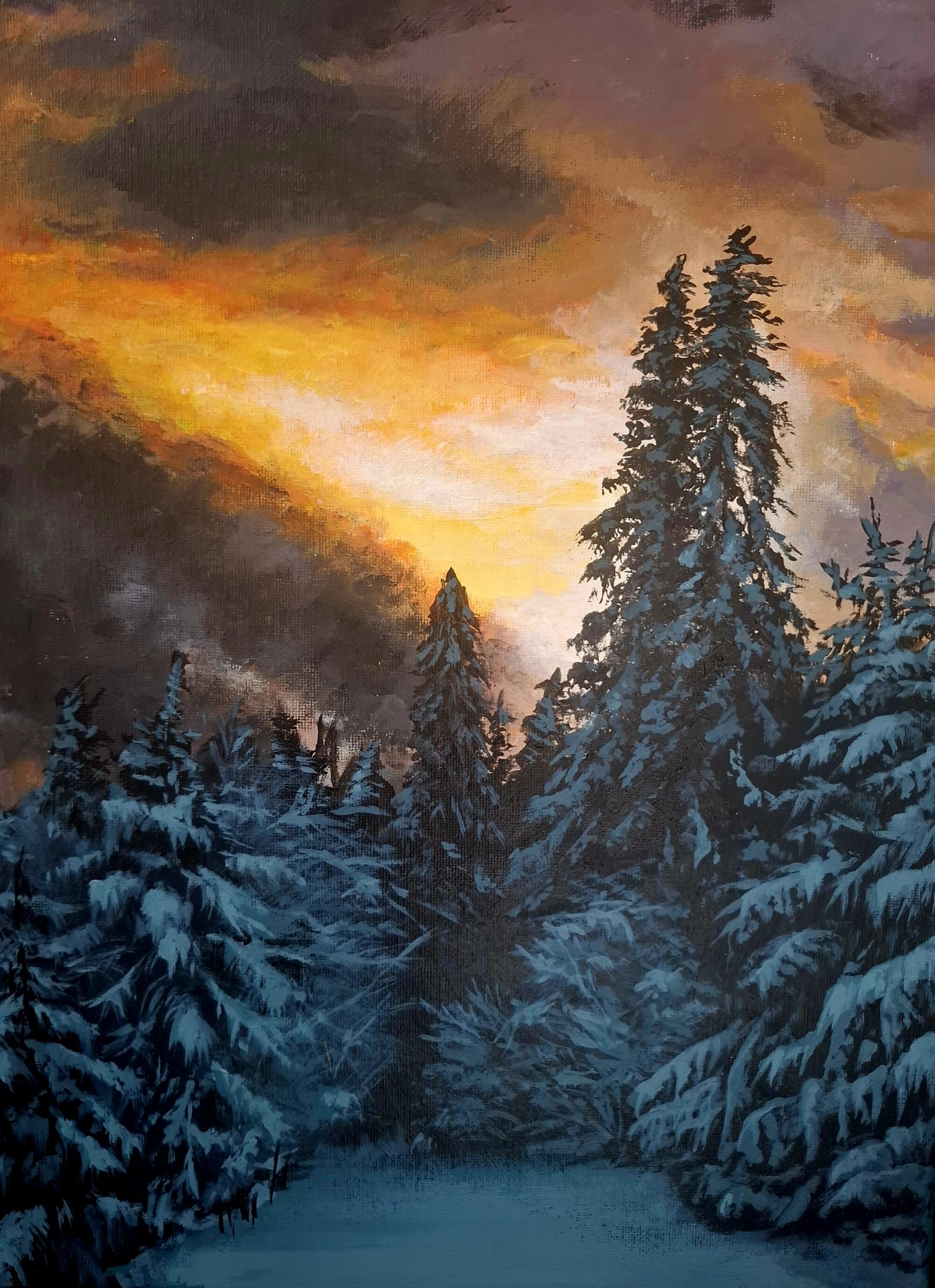 painting of sunset behind the snowy forests of the Tatra mountains
