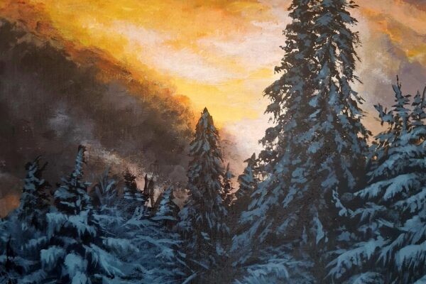 painting of sunset behind the snowy forests of the Tatra mountains