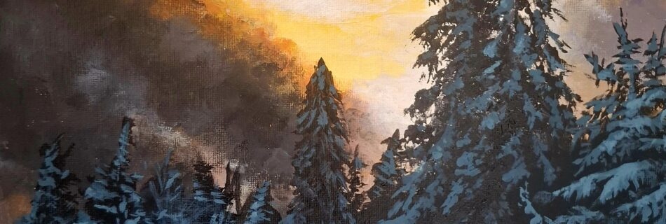 painting of sunset behind the snowy forests of the Tatra mountains