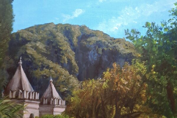 painting of scenery by lake Como