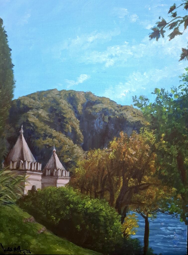 painting of scenery by lake Como