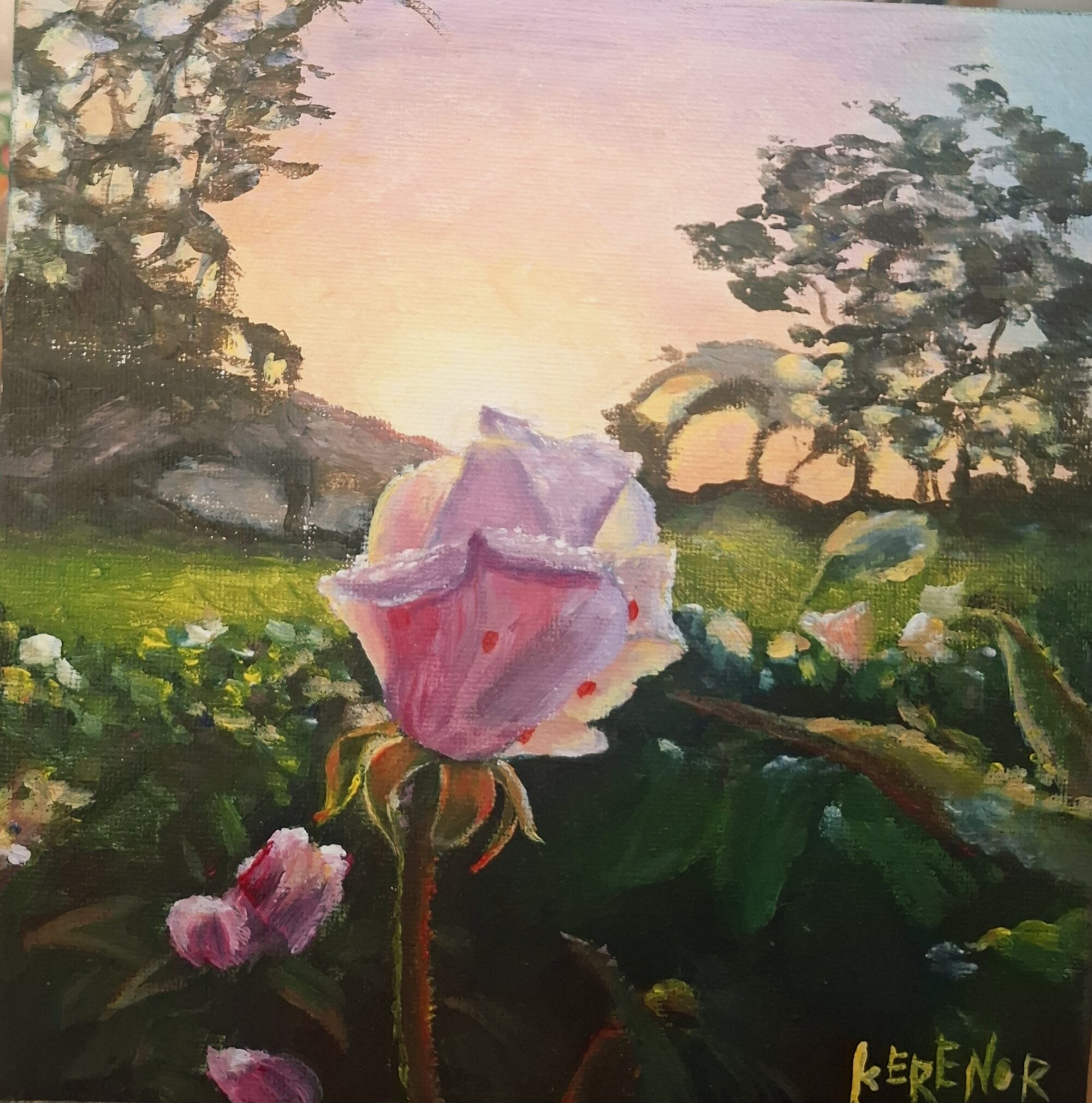 painting of sunrise over a rose, warm colors