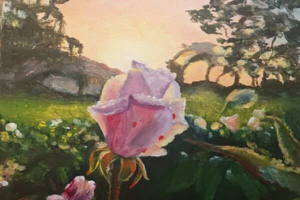 painting of sunrise over a rose, warm colors