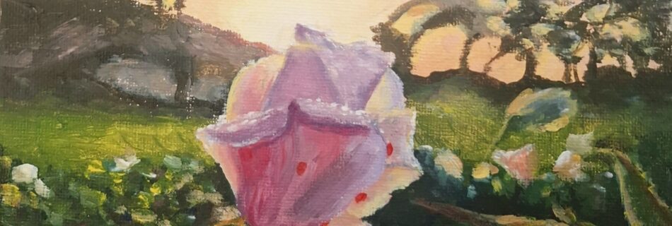 painting of sunrise over a rose, warm colors