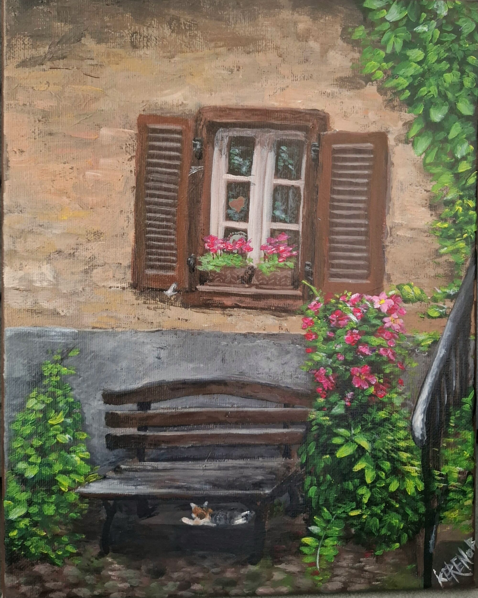 Acrylic painting of a window with bench and greenery