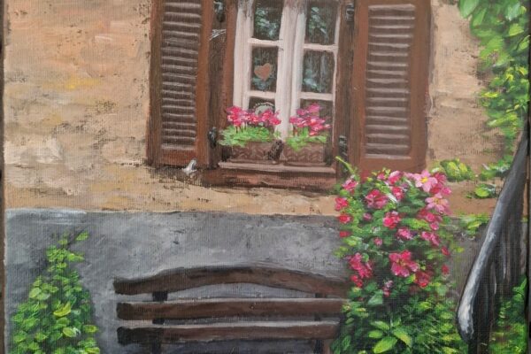 Acrylic painting of a window with bench and greenery
