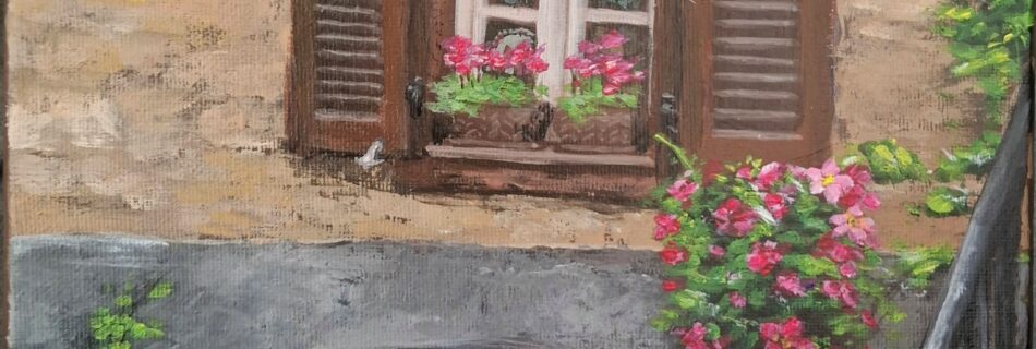 Acrylic painting of a window with bench and greenery
